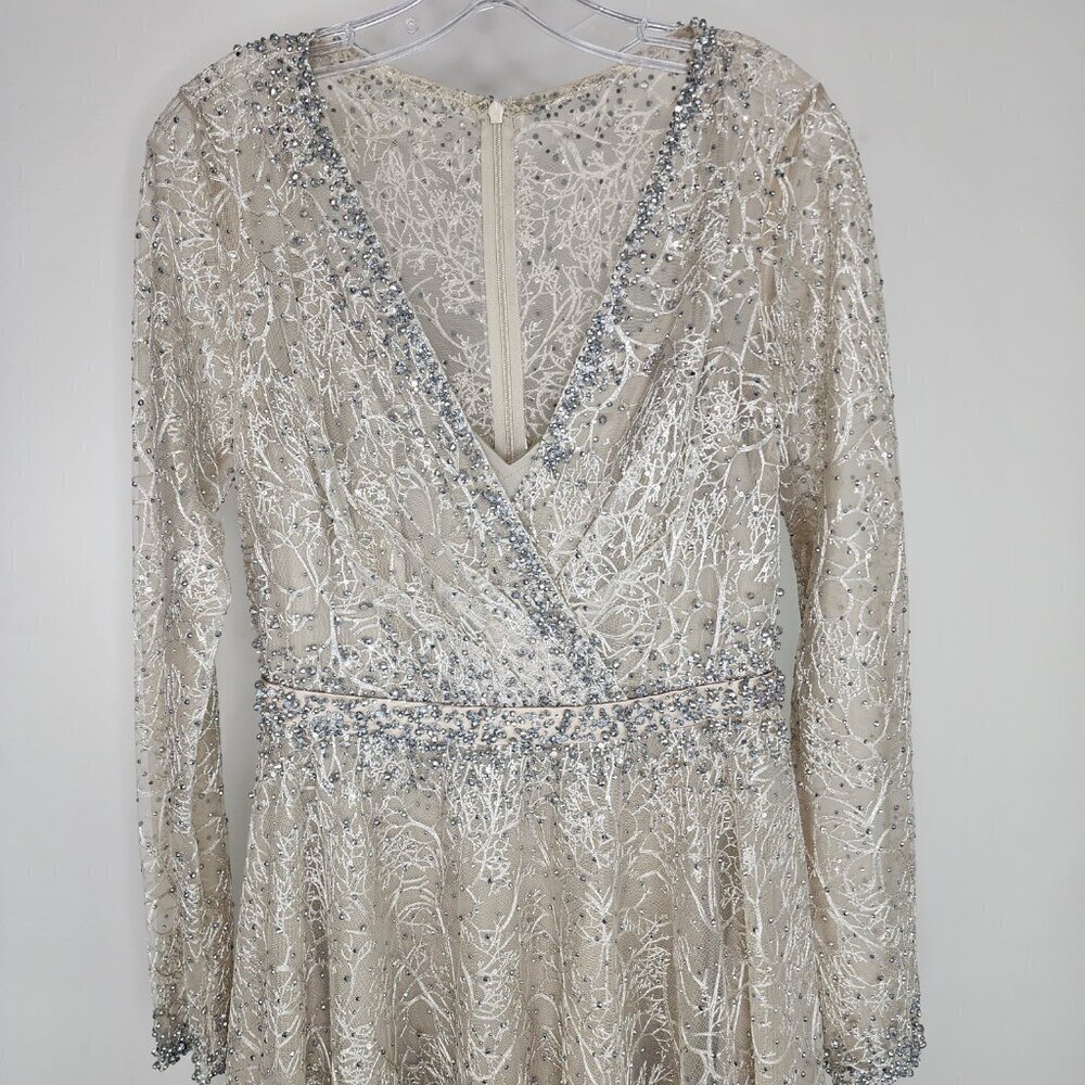 NWT Mac Duggal Embellished Wrap Over Long Sleeve Midi Dress Taupe Size 6 - Picture 7 of 14